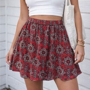 Hollister Red Patterned floral paisley Skater Skirt Size Small